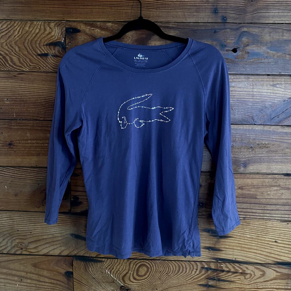 Lacoste 3/4 Sleeve Purple Cotton Tee with Rhinestone Crocodile Logo - 40 or M